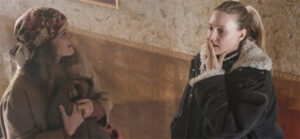 Romola Garai (right) on the set of AMULET with Carla Juri